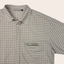 Load image into Gallery viewer, Quiksilver Checked Embroidered Back Spell Out Short Sleeved Shirt - L