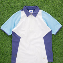Load image into Gallery viewer, (2001) Women’s Adidas 3-Stripe ClimaLite Embroidered Centre Logo 1/4 Zip Up Short Sleeve White Blue Collard Sports Top - M (10-12)