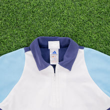 Load image into Gallery viewer, (2001) Women’s Adidas 3-Stripe ClimaLite Embroidered Centre Logo 1/4 Zip Up Short Sleeve White Blue Collard Sports Top - M (10-12)