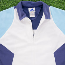 Load image into Gallery viewer, (2001) Women’s Adidas 3-Stripe ClimaLite Embroidered Centre Logo 1/4 Zip Up Short Sleeve White Blue Collard Sports Top - M (10-12)