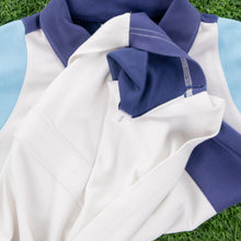 Load image into Gallery viewer, (2001) Women’s Adidas 3-Stripe ClimaLite Embroidered Centre Logo 1/4 Zip Up Short Sleeve White Blue Collard Sports Top - M (10-12)