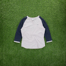 Load image into Gallery viewer, (2003) Women’s Nike Small Swoosh Embroidered Grey Navy Slit V-Neck Raglan 3/4 Sleeve Baby Tee Top - M (8-10)