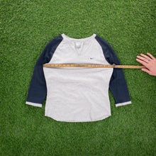 Load image into Gallery viewer, (2003) Women’s Nike Small Swoosh Embroidered Grey Navy Slit V-Neck Raglan 3/4 Sleeve Baby Tee Top - M (8-10)