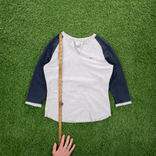 Load image into Gallery viewer, (2003) Women’s Nike Small Swoosh Embroidered Grey Navy Slit V-Neck Raglan 3/4 Sleeve Baby Tee Top - M (8-10)