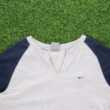 Load image into Gallery viewer, (2003) Women’s Nike Small Swoosh Embroidered Grey Navy Slit V-Neck Raglan 3/4 Sleeve Baby Tee Top - M (8-10)