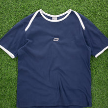 Load image into Gallery viewer, (2001) Women’s Nike Centre Logo Spell Out Piping Crew Neck Navy T-Shirt - M (10-12)