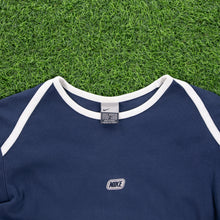 Load image into Gallery viewer, (2001) Women’s Nike Centre Logo Spell Out Piping Crew Neck Navy T-Shirt - M (10-12)