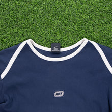 Load image into Gallery viewer, (2001) Women’s Nike Centre Logo Spell Out Piping Crew Neck Navy T-Shirt - M (10-12)