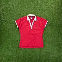 Load image into Gallery viewer, Women’s Reebok Small Spell Out Embroidered Split Neck Collard Red Baby Tee Top - L (12-14)