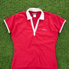 Load image into Gallery viewer, Women’s Reebok Small Spell Out Embroidered Split Neck Collard Red Baby Tee Top - L (12-14)