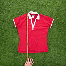 Load image into Gallery viewer, Women’s Reebok Small Spell Out Embroidered Split Neck Collard Red Baby Tee Top - L (12-14)