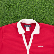 Load image into Gallery viewer, Women’s Reebok Small Spell Out Embroidered Split Neck Collard Red Baby Tee Top - L (12-14)