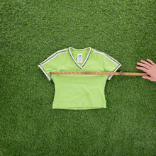 Load image into Gallery viewer, (1999) Women’s Adidas 3-Stripe Embroidered Lime Green V-Neck Baby Crop Top - M (8-10)