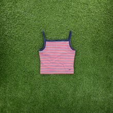 Load image into Gallery viewer, (2000) Women’s Nike Small Swoosh Embroidered Striped Red Light Blue Square Neck Halter Vest Crop Top - L (12-14)