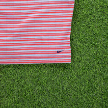 Load image into Gallery viewer, (2000) Women’s Nike Small Swoosh Embroidered Striped Red Light Blue Square Neck Halter Vest Crop Top - L (12-14)