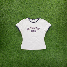 Load image into Gallery viewer, Women’s Reebok 1885 Spell Out Graphic Embroidered Star Polka Dot Ringer White Baby Tee Top - M (10-12)
