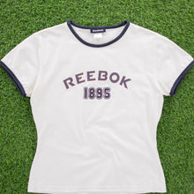 Load image into Gallery viewer, Women’s Reebok 1885 Spell Out Graphic Embroidered Star Polka Dot Ringer White Baby Tee Top - M (10-12)