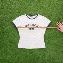 Load image into Gallery viewer, Women’s Reebok 1885 Spell Out Graphic Embroidered Star Polka Dot Ringer White Baby Tee Top - M (10-12)