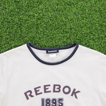 Load image into Gallery viewer, Women’s Reebok 1885 Spell Out Graphic Embroidered Star Polka Dot Ringer White Baby Tee Top - M (10-12)