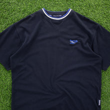Load image into Gallery viewer, (1998) Reebok Small Spell Out Embroidered Logo Heavyweight Textured Navy T-Shirt - XL