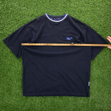 Load image into Gallery viewer, (1998) Reebok Small Spell Out Embroidered Logo Heavyweight Textured Navy T-Shirt - XL