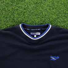 Load image into Gallery viewer, (1998) Reebok Small Spell Out Embroidered Logo Heavyweight Textured Navy T-Shirt - XL
