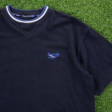 Load image into Gallery viewer, (1998) Reebok Small Spell Out Embroidered Logo Heavyweight Textured Navy T-Shirt - XL