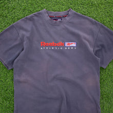 Load image into Gallery viewer, Reebok Athletic Dept Spell Out Embroidered Logo Textured Navy T-Shirt - XL