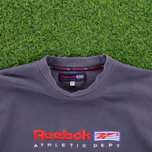 Load image into Gallery viewer, Reebok Athletic Dept Spell Out Embroidered Logo Textured Navy T-Shirt - XL