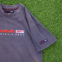 Load image into Gallery viewer, Reebok Athletic Dept Spell Out Embroidered Logo Textured Navy T-Shirt - XL