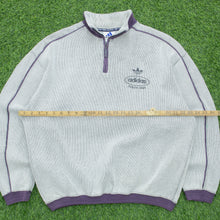 Load image into Gallery viewer, Adidas Originals Since 1949 Spell Out Logo Embroidered Piping Ribbed Boxy Light Grey Purple Quarter Zip Jumper - L