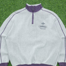 Load image into Gallery viewer, Adidas Originals Since 1949 Spell Out Logo Embroidered Piping Ribbed Boxy Light Grey Purple Quarter Zip Jumper - L