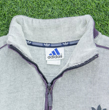 Load image into Gallery viewer, Adidas Originals Since 1949 Spell Out Logo Embroidered Piping Ribbed Boxy Light Grey Purple Quarter Zip Jumper - L