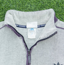 Load image into Gallery viewer, Adidas Originals Since 1949 Spell Out Logo Embroidered Piping Ribbed Boxy Light Grey Purple Quarter Zip Jumper - L