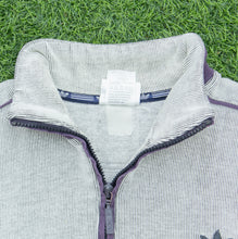 Load image into Gallery viewer, Adidas Originals Since 1949 Spell Out Logo Embroidered Piping Ribbed Boxy Light Grey Purple Quarter Zip Jumper - L