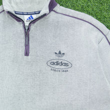 Load image into Gallery viewer, Adidas Originals Since 1949 Spell Out Logo Embroidered Piping Ribbed Boxy Light Grey Purple Quarter Zip Jumper - L