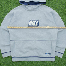 Load image into Gallery viewer, 2002 Nike Just Do It Spell Out Graphic Small Swoosh Embroidered Piping Boxy Pullover Grey Navy Hoodie - L/XL