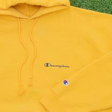 Load image into Gallery viewer, Champion Small Spell Out Graphic Embroidered Logo Drawstring Boxy Pullover Yellow Hoodie - L