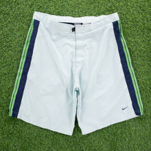 Load image into Gallery viewer, (2001) Nike Small Swoosh Embroidered Stripe Taping Velcro Light Blue Sports Shorts - L (32/34”)