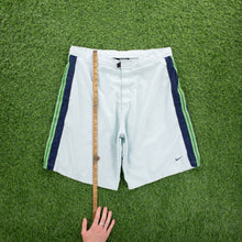 Load image into Gallery viewer, (2001) Nike Small Swoosh Embroidered Stripe Taping Velcro Light Blue Sports Shorts - L (32/34”)