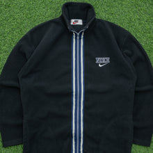 Load image into Gallery viewer, Nike Small Spell Out Swoosh Embroidered Logo Ribbed Stripe Taping Full Zip Black Fleece - M