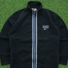 Load image into Gallery viewer, Nike Small Spell Out Swoosh Embroidered Logo Ribbed Stripe Taping Full Zip Black Fleece - M