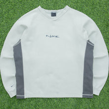 Load image into Gallery viewer, Women’s 2000 Nike Spell Out Embroidered Small Swoosh Logo V-Neck Boxy Beige Grey Sweatshirt - L (14-16)