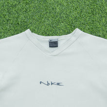 Load image into Gallery viewer, Women’s 2000 Nike Spell Out Embroidered Small Swoosh Logo V-Neck Boxy Beige Grey Sweatshirt - L (14-16)