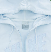 Load image into Gallery viewer, Women’s 2004 Nike Spell Out Small Swoosh Embroidered Mesh Logo Zip Up Light Blue Hoodie - M (10-12)