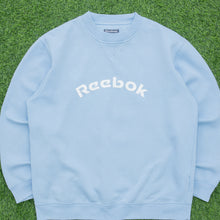 Load image into Gallery viewer, Women’s Reebok Spell Out Embroidered Logo Pullover Crewneck Light Blue Sweatshirt - L/XL (16-18)