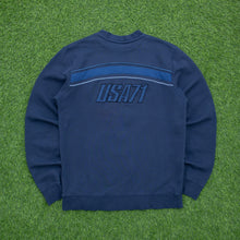 Load image into Gallery viewer, Nike Athletic 71 Small Swoosh USA Spell Out Embroidered Stripe Piping Boxy Crewneck Navy Sweatshirt - M
