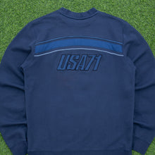 Load image into Gallery viewer, Nike Athletic 71 Small Swoosh USA Spell Out Embroidered Stripe Piping Boxy Crewneck Navy Sweatshirt - M