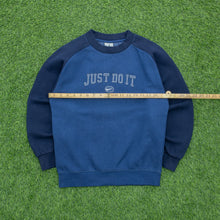 Load image into Gallery viewer, Women’s Nike Just Do It Spell Out Embroidered Small Swoosh Raglan Crewneck Navy Blue Sweatshirt - M (10-12)