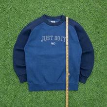 Load image into Gallery viewer, Women’s Nike Just Do It Spell Out Embroidered Small Swoosh Raglan Crewneck Navy Blue Sweatshirt - M (10-12)